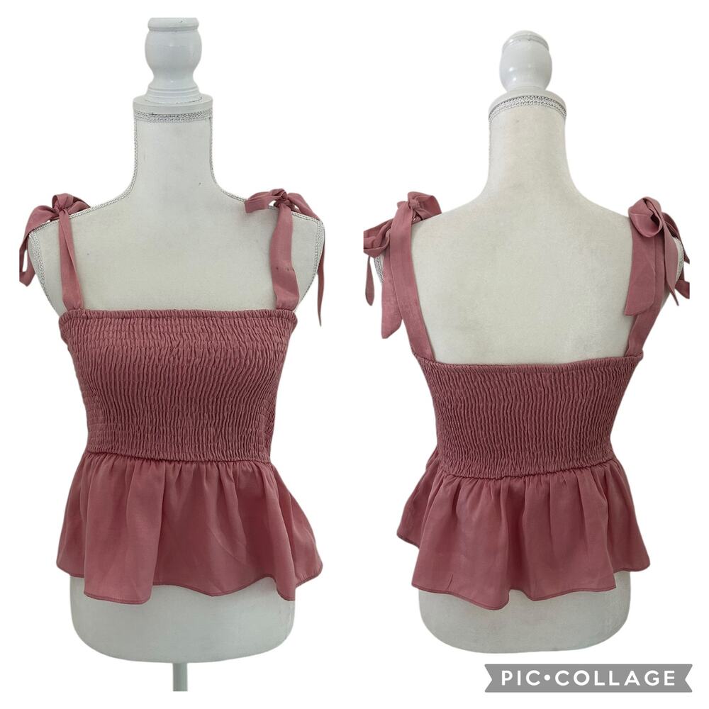 Lovers and Friends Revolve Harmony Smocked Shoulder Tie Pink Top Size Medium - Picture 2 of 13